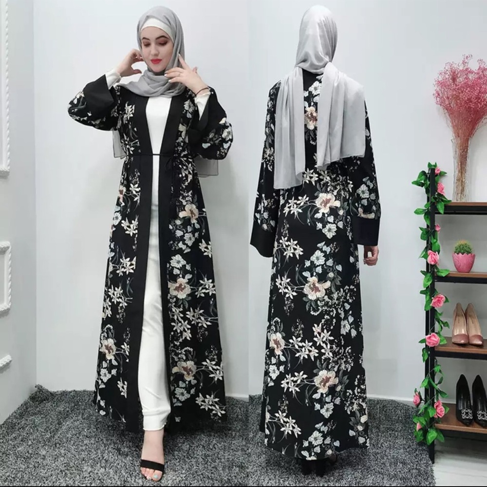 Black floral open abaya